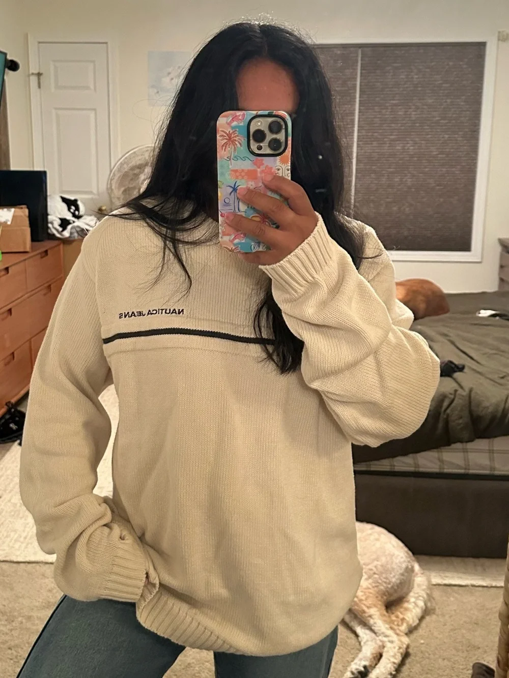 Nautica Cream Crew Sweater with Navy Stripe